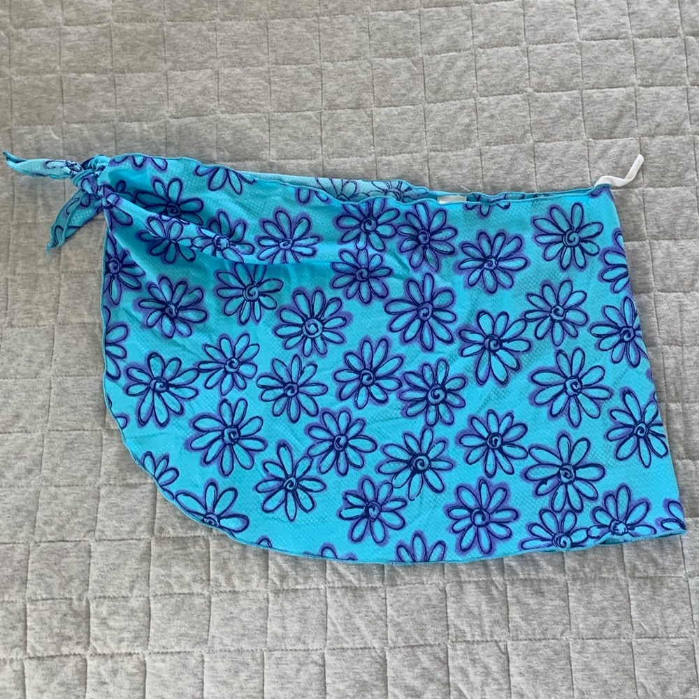Vintage 80s/90s bright blue aqua purple floral side tie sarong bikini coverup - Picture 6 of 7